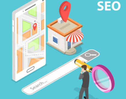 Isometric flat vector concept of local seo, searching store, e-commerce.