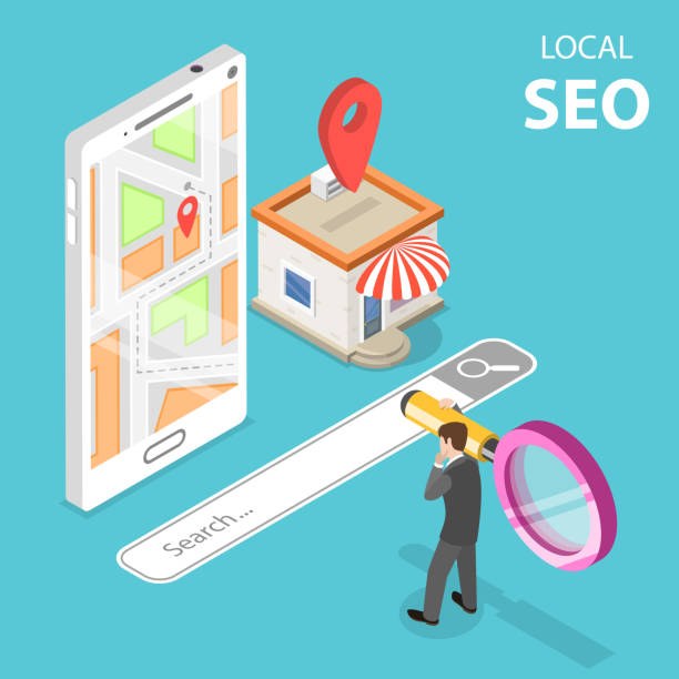 Isometric flat vector concept of local seo, searching store, e-commerce.